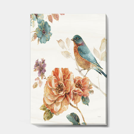 Cottage Bird on Orange Flower Twig - Traditional Gallery-wrapped Canvas