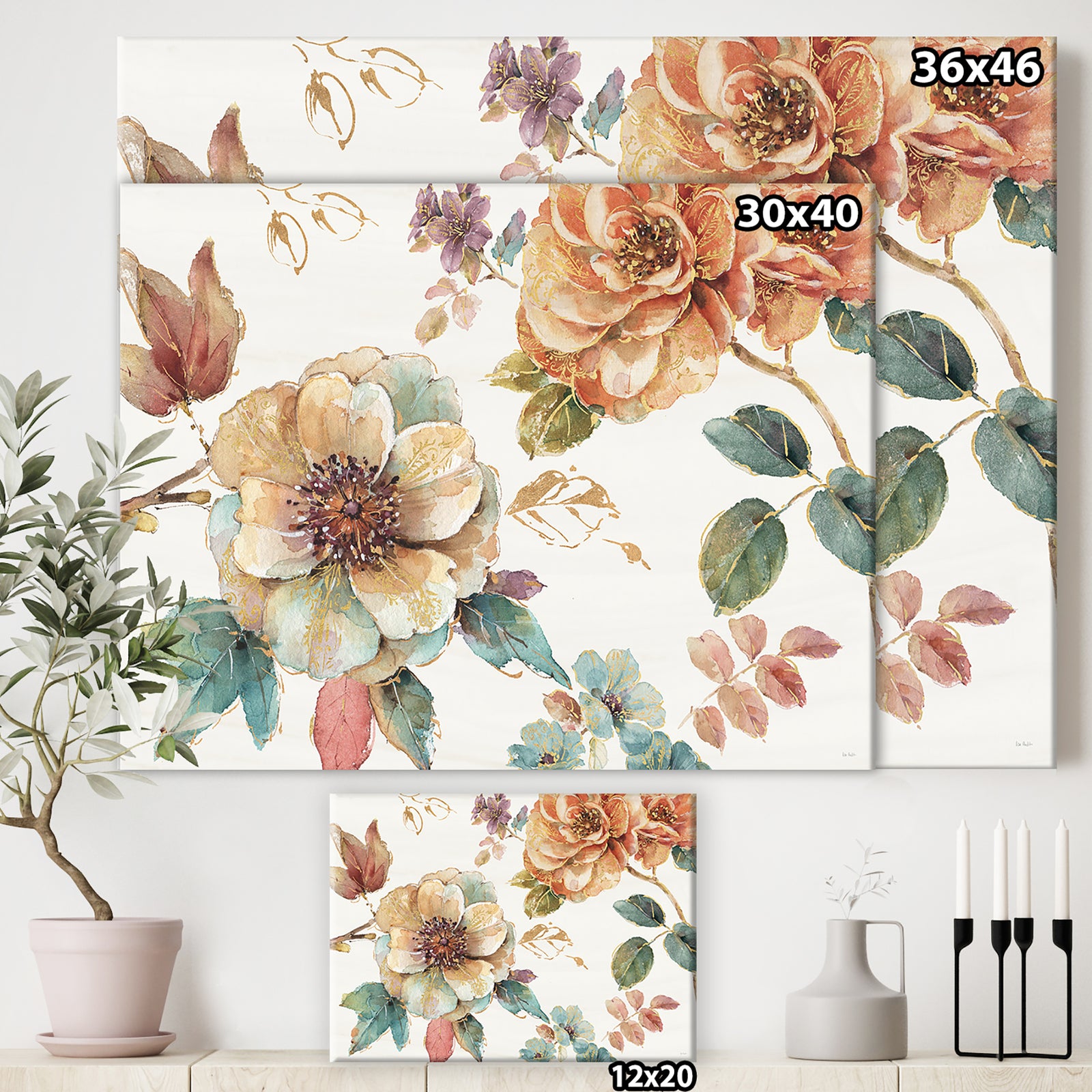 Orange and Cream Cottage Flowers Twig - Traditional Canvas Artwork