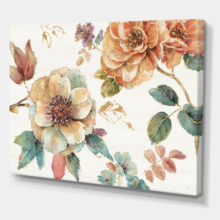 Orange and Cream Cottage Flowers Twig - Traditional Canvas Artwork