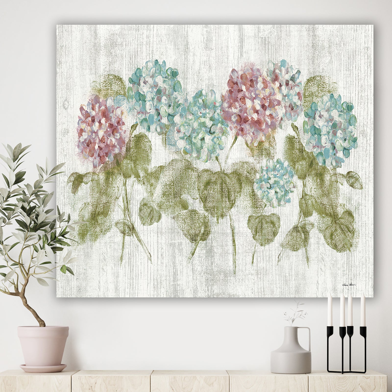Red and Blue Vibrant Hydrangea Flowers - Cabin & Lodge Canvas Artwork