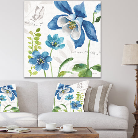 Blue Columbine Flowers With Butterfly - Cabin & Lodge Canvas Artwork