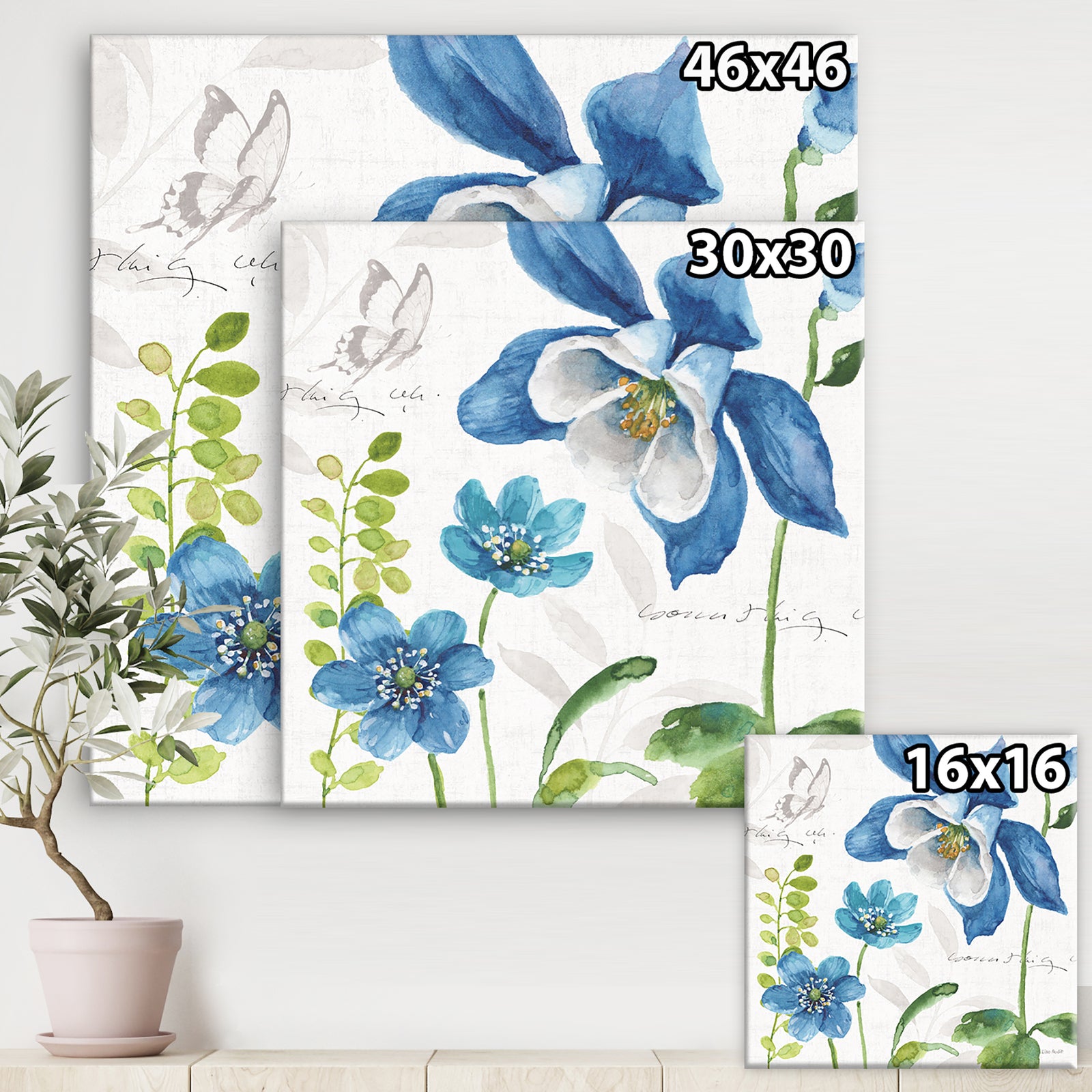 Blue Columbine Flowers With Butterfly - Cabin & Lodge Canvas Artwork