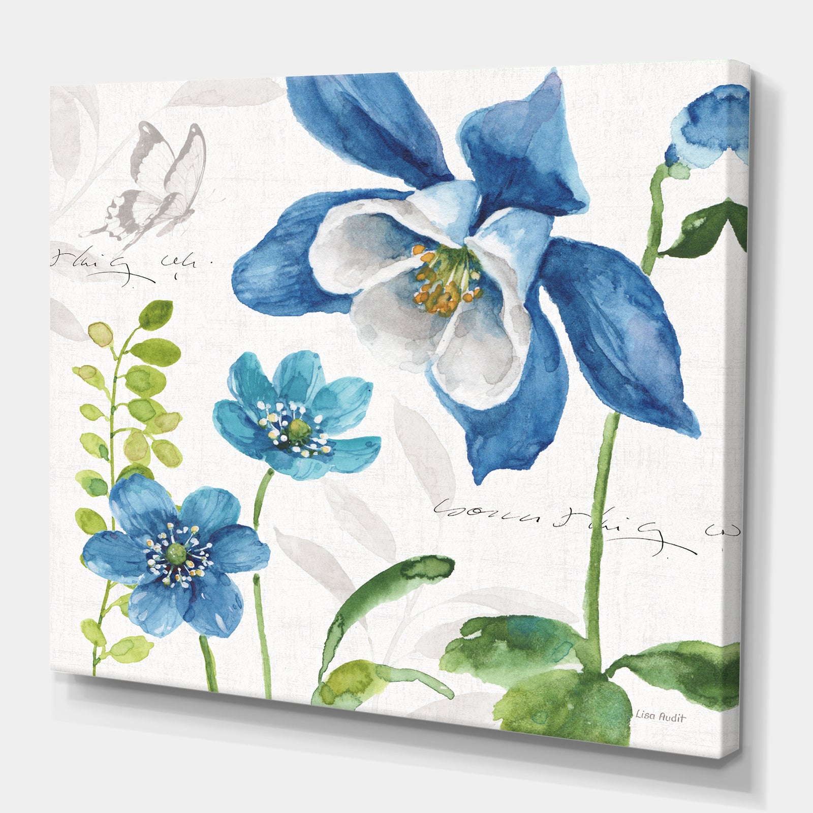 Blue Columbine Flowers With Butterfly - Cabin & Lodge Canvas Artwork