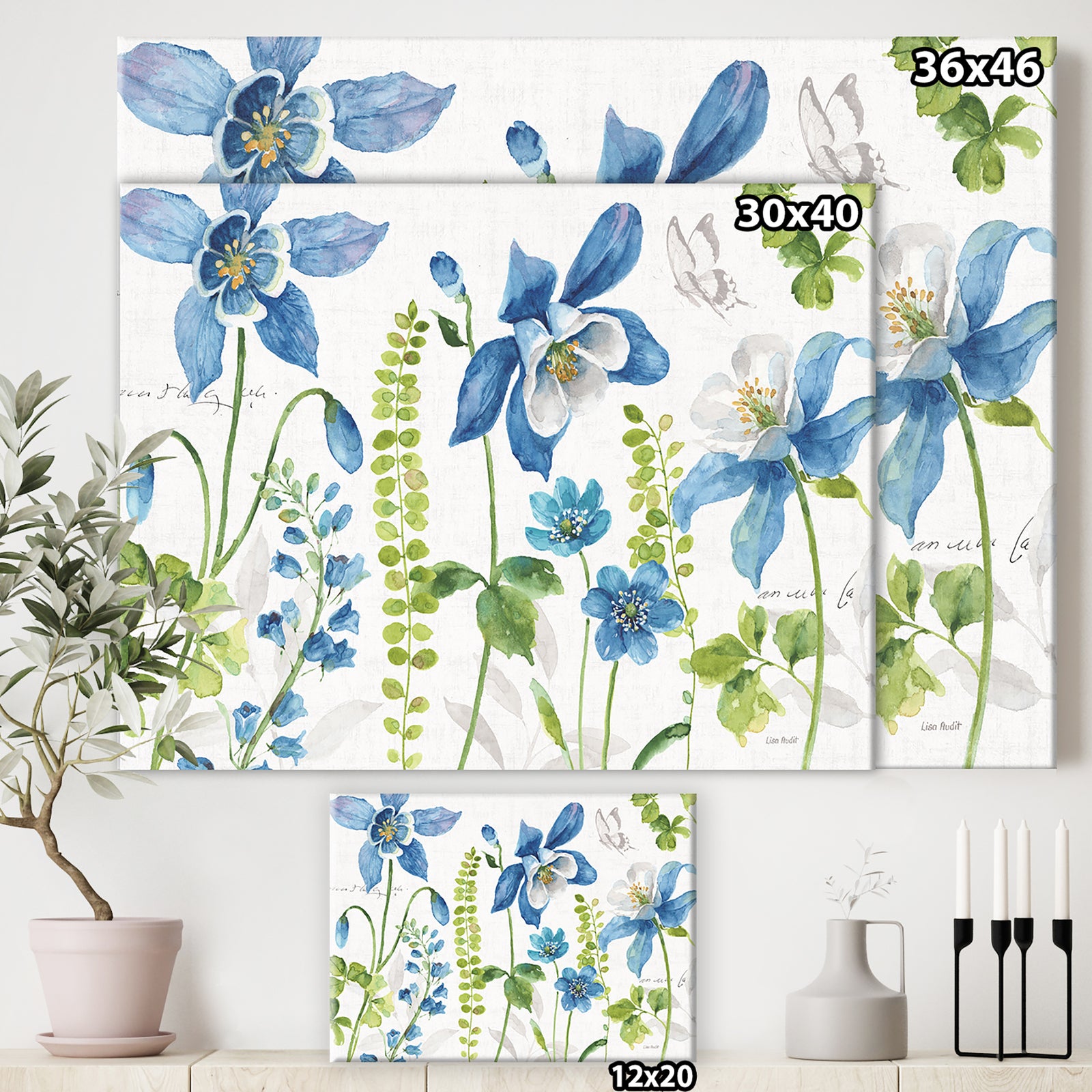 Bluebell and Columbine Wild Flowers with Butterfly - Cabin & Lodge Canvas Art