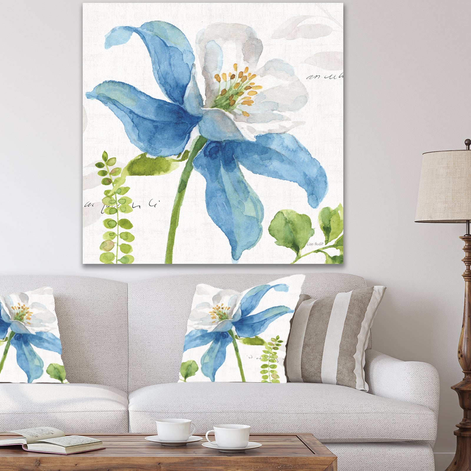 Blue Columbine Wild Flower with Ferns - Cabin & Lodge Premium Canvas Wall Art