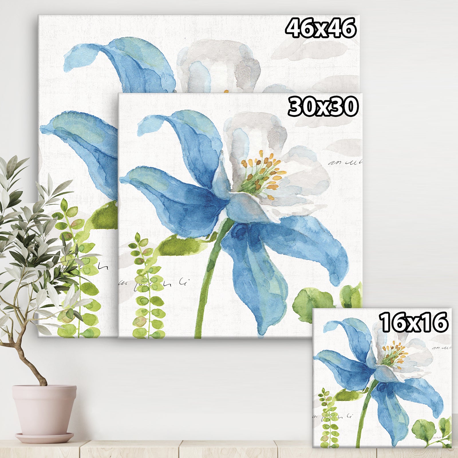 Blue Columbine Wild Flower with Ferns - Cabin & Lodge Premium Canvas Wall Art