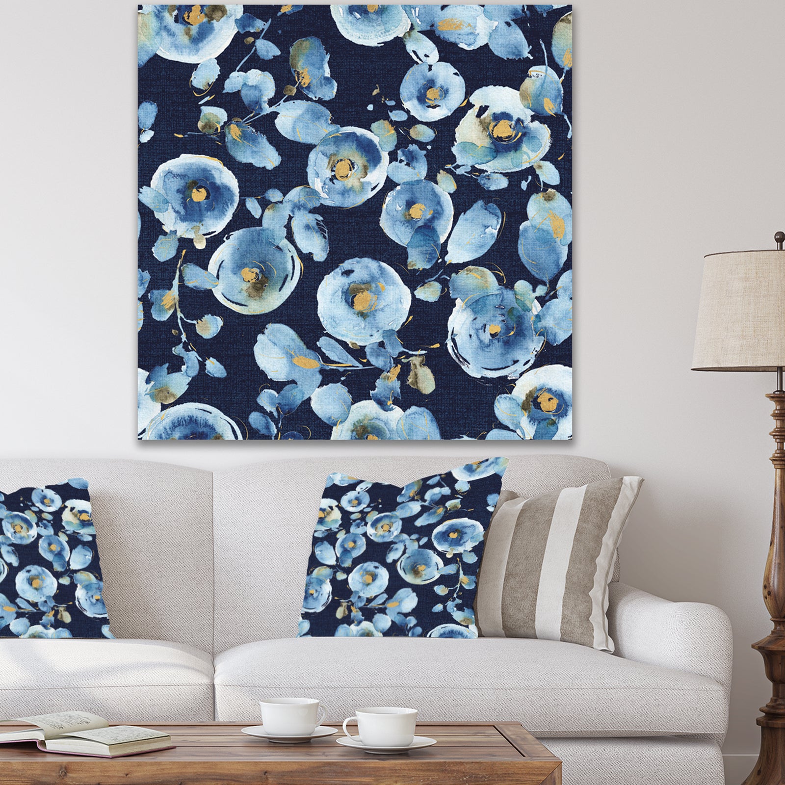 Indigold metallic Flower Pattern - Floral Premium Canvas Wall Art