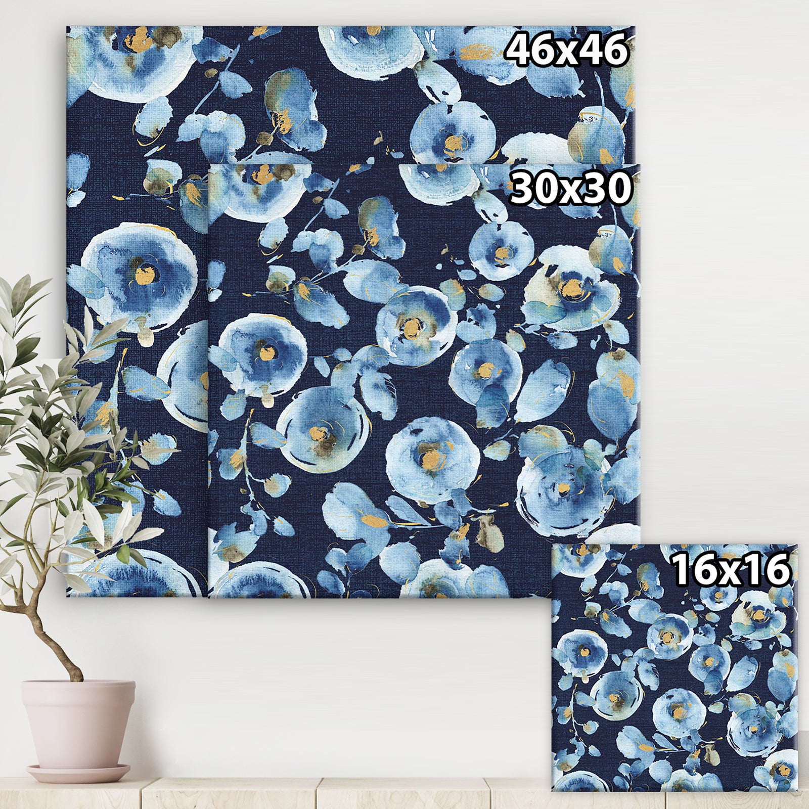 Indigold metallic Flower Pattern - Floral Premium Canvas Wall Art
