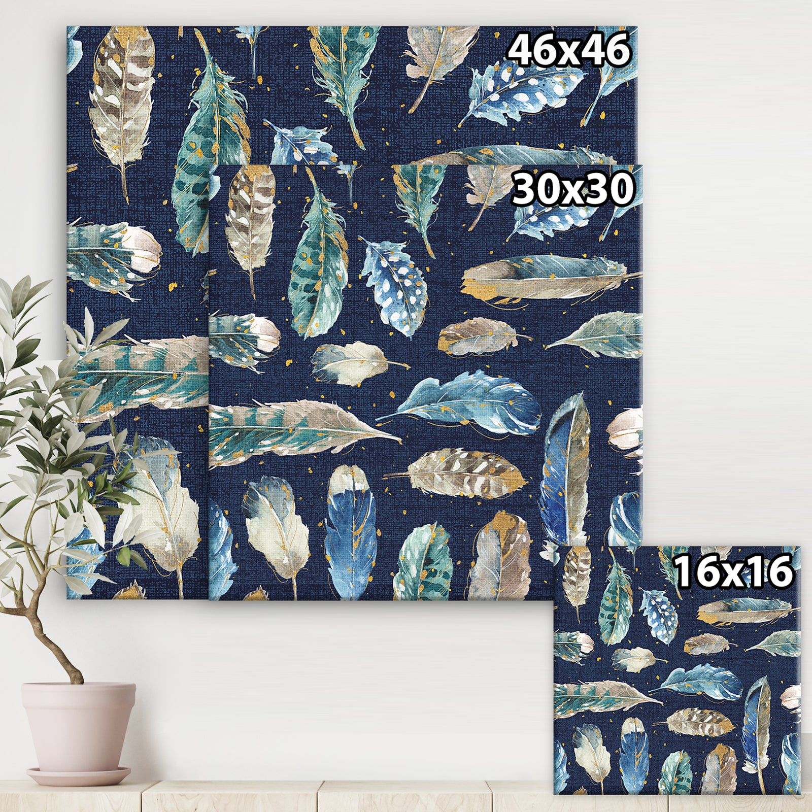Indigold metallic feathers Pattern - Floral Canvas Artwork