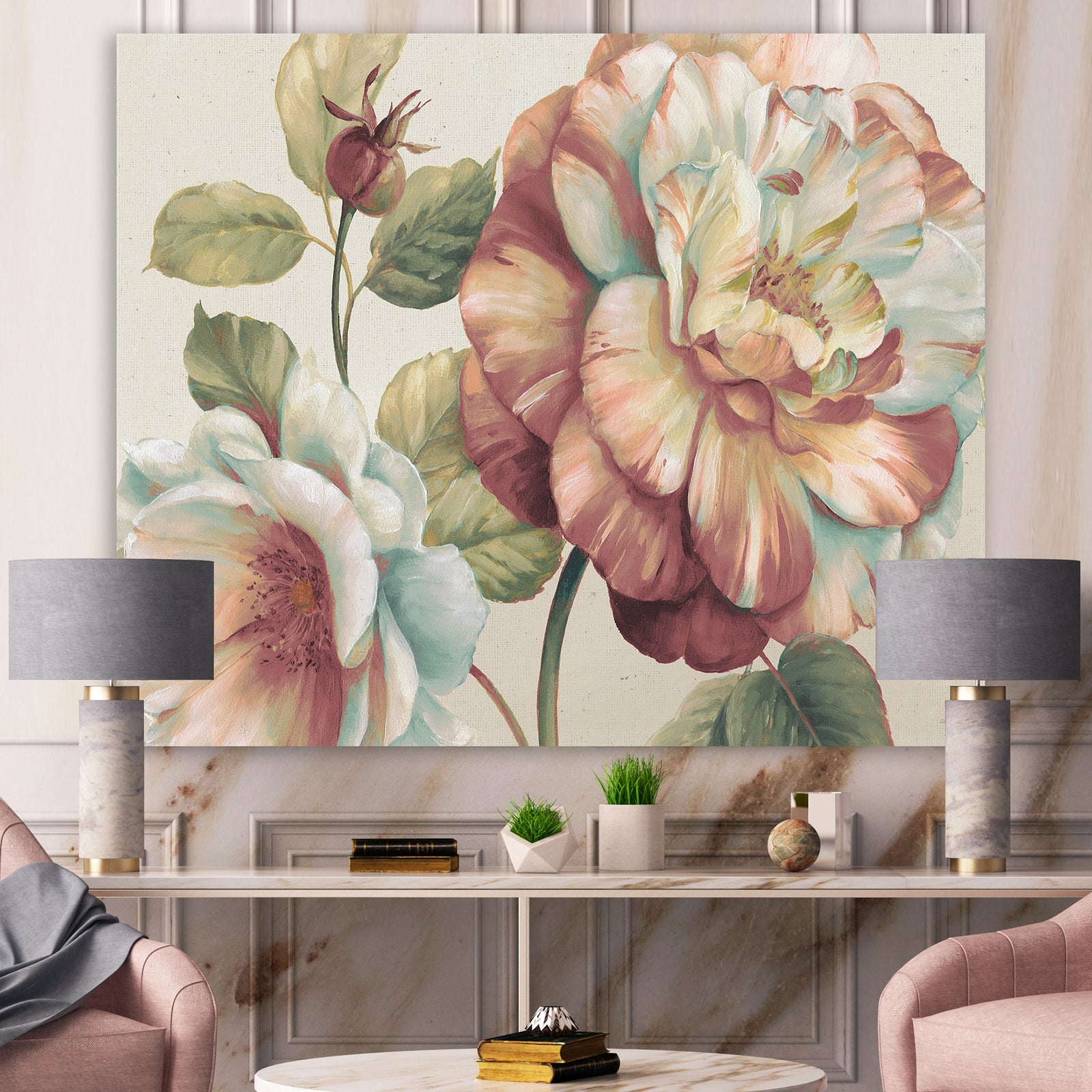 Romantic Dark Rose Blossing Flowers - Floral Premium Canvas Wall Art