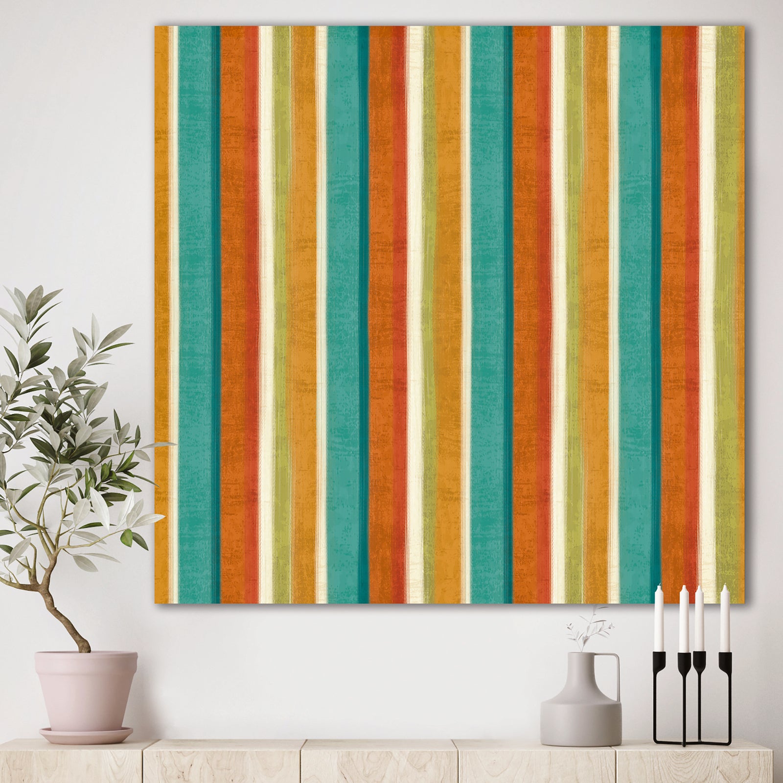Blue, Green and Orange Vertical Abstract Stripes - Mid-Century Modern Canvas Art