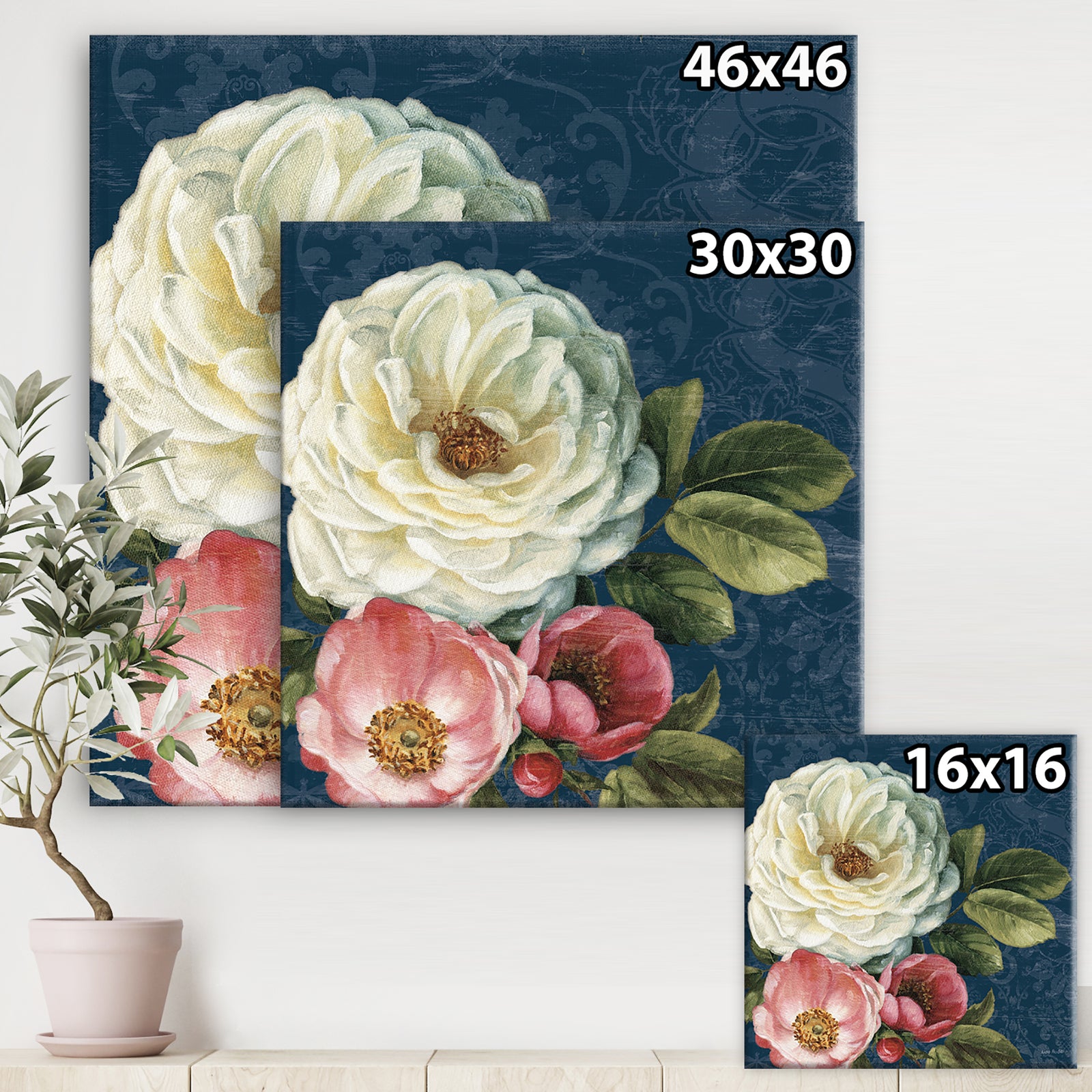 White and Pink Damask Rose Flowers - Farmhouse Canvas Art