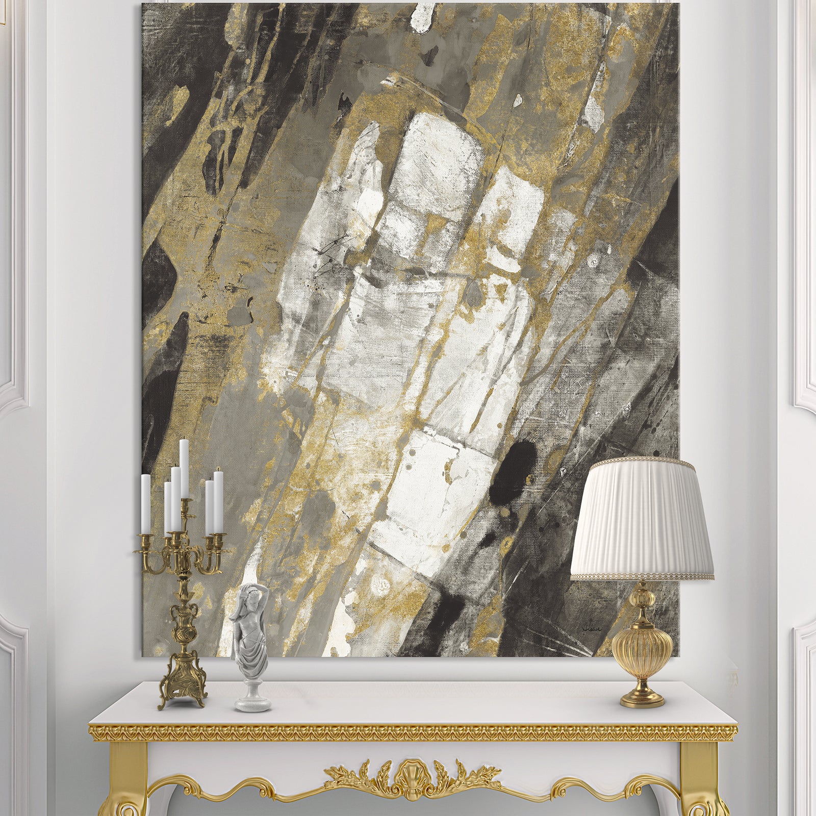 Gold, Black and White Hanpainted Abstract - Traditional Canvas Artwork