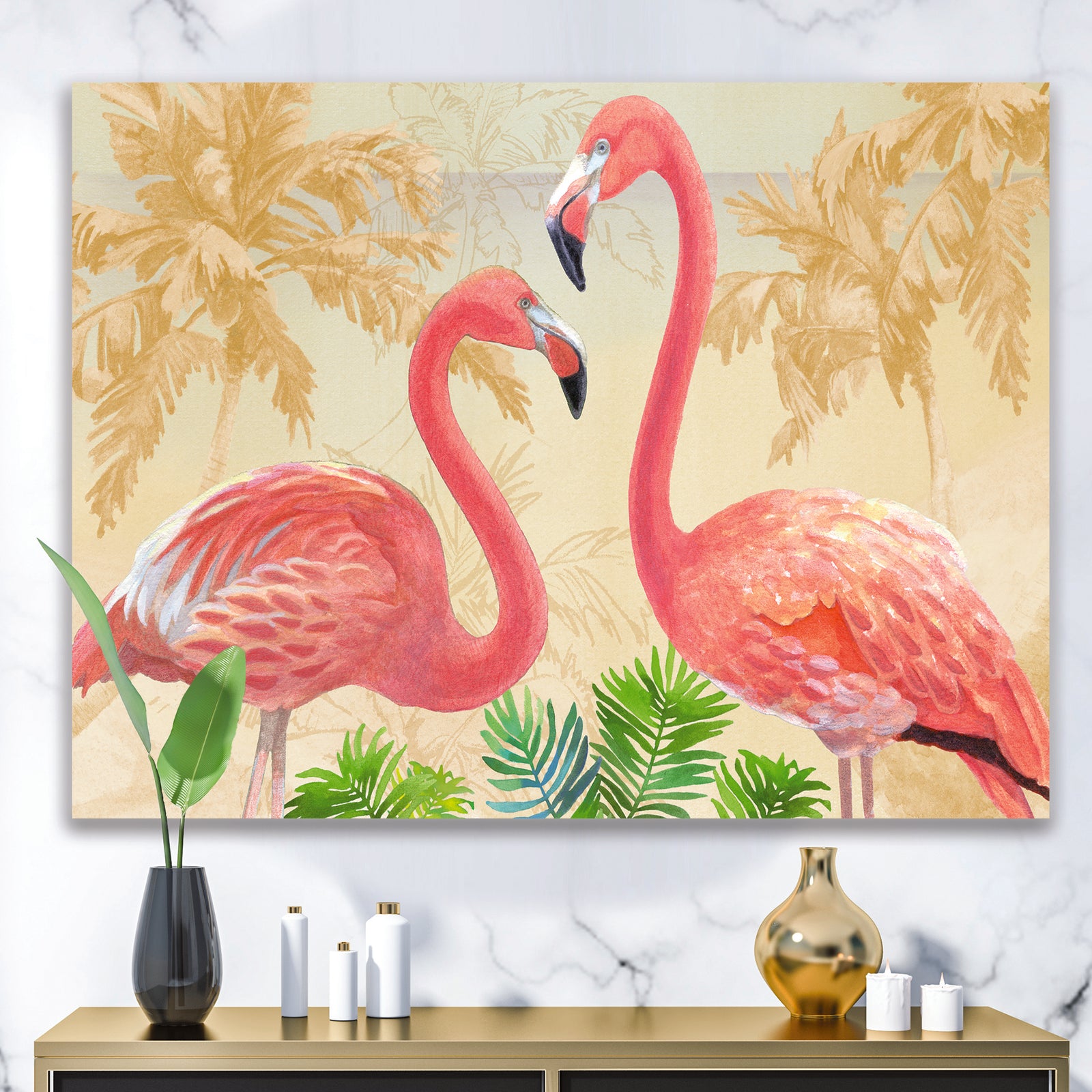 Gold Glam Flamingos - Animals Canvas Art