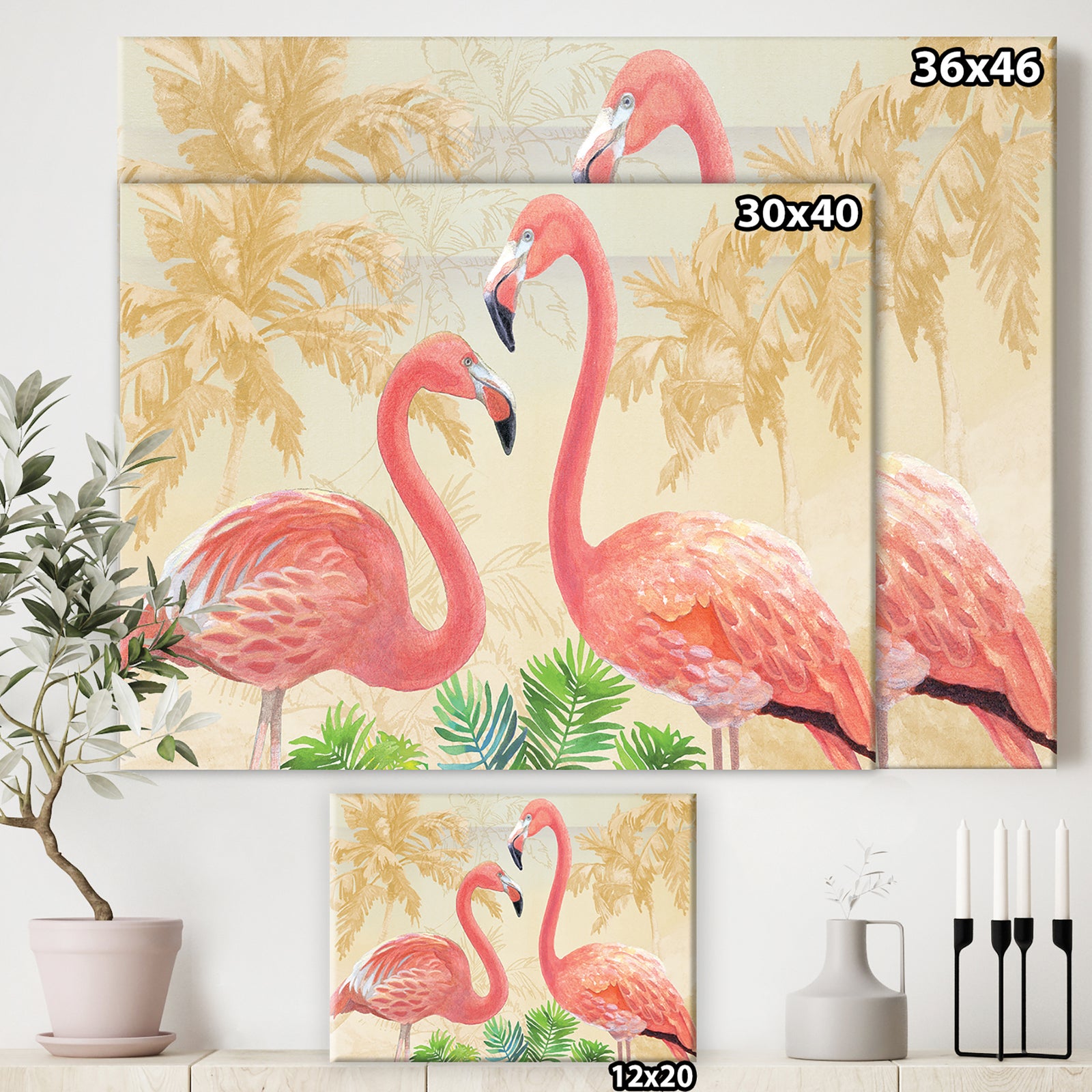 Gold Glam Flamingos - Animals Canvas Art