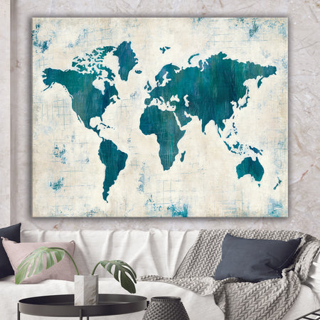 Discover the World Map in Blue - Traditional Canvas Artwork