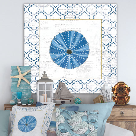 Blue Conch Shell On Blue Coastal Pattern - Nautical & Coastal Gallery-wrapped Canvas