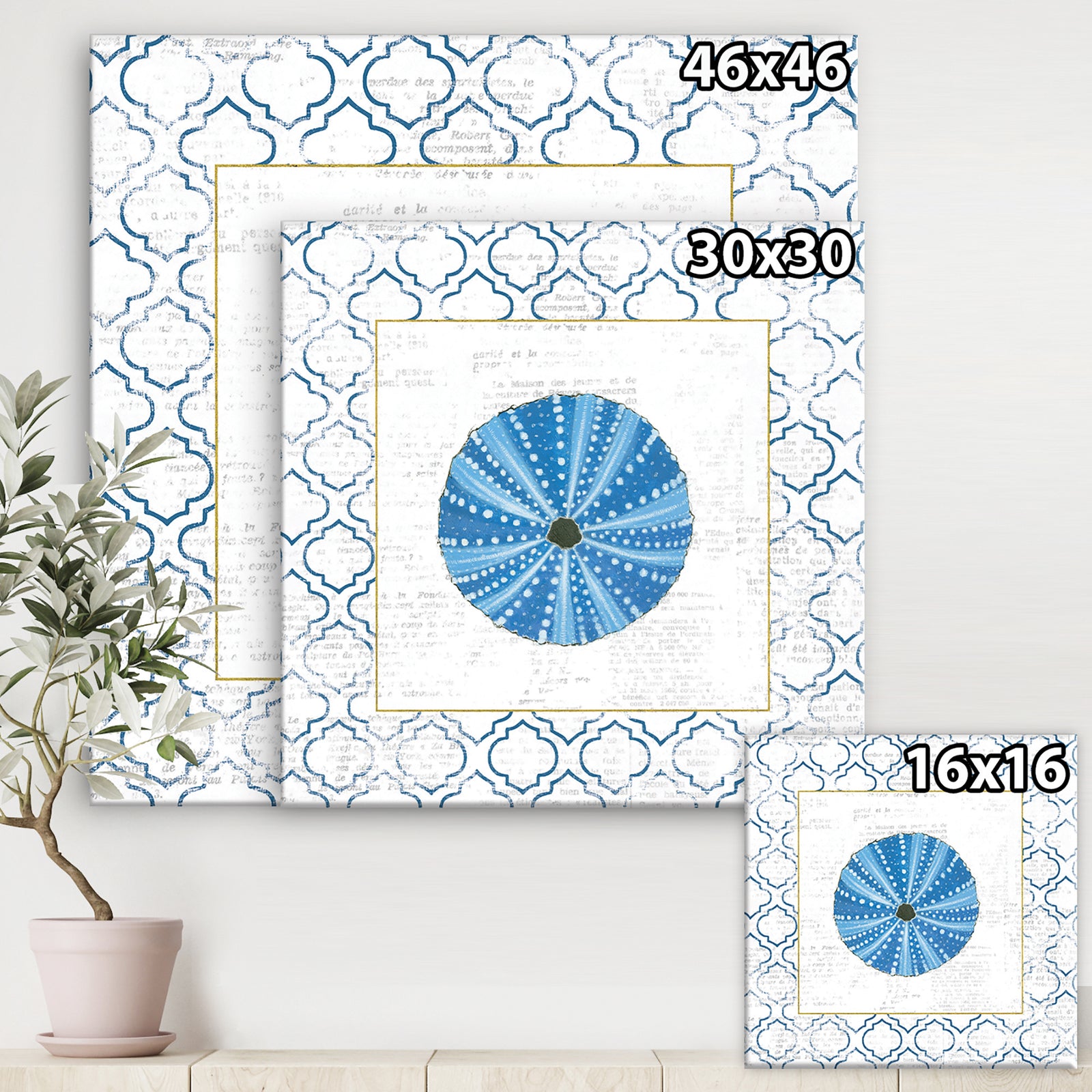 Blue Conch Shell On Blue Coastal Pattern - Nautical & Coastal Gallery-wrapped Canvas