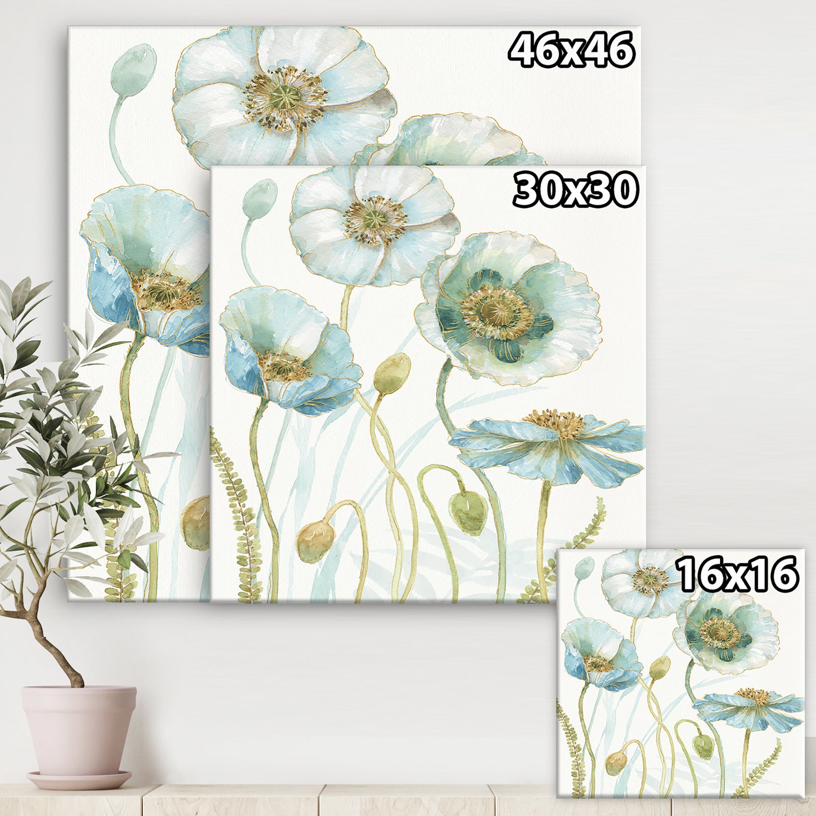 Blue Cottage Flowers Drawing I - Farmhouse Gallery-wrapped Canvas