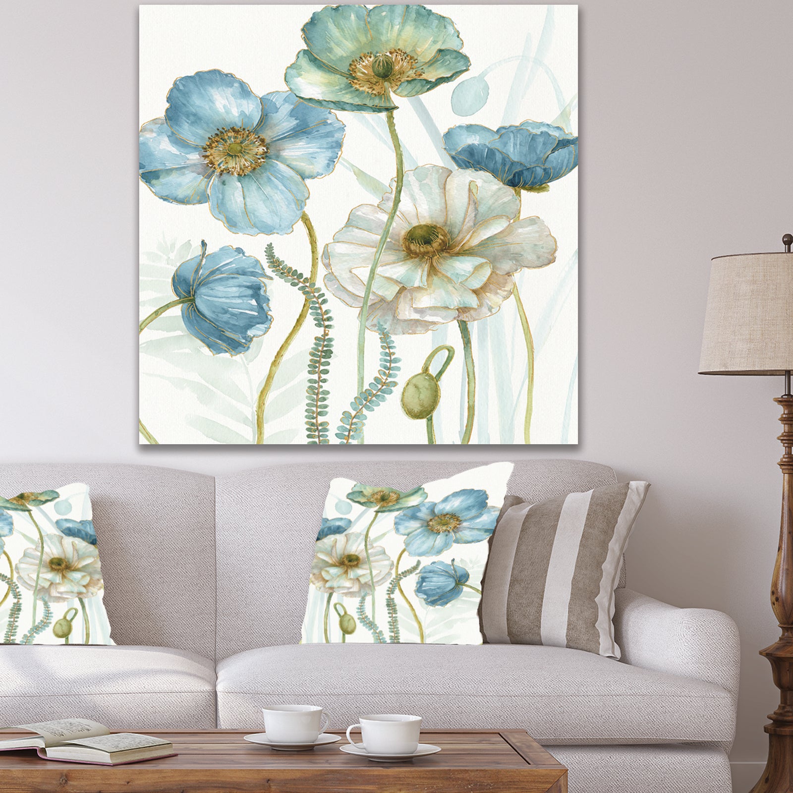 Blue Cottage Flowers Drawing II - Farmhouse Canvas Artwork