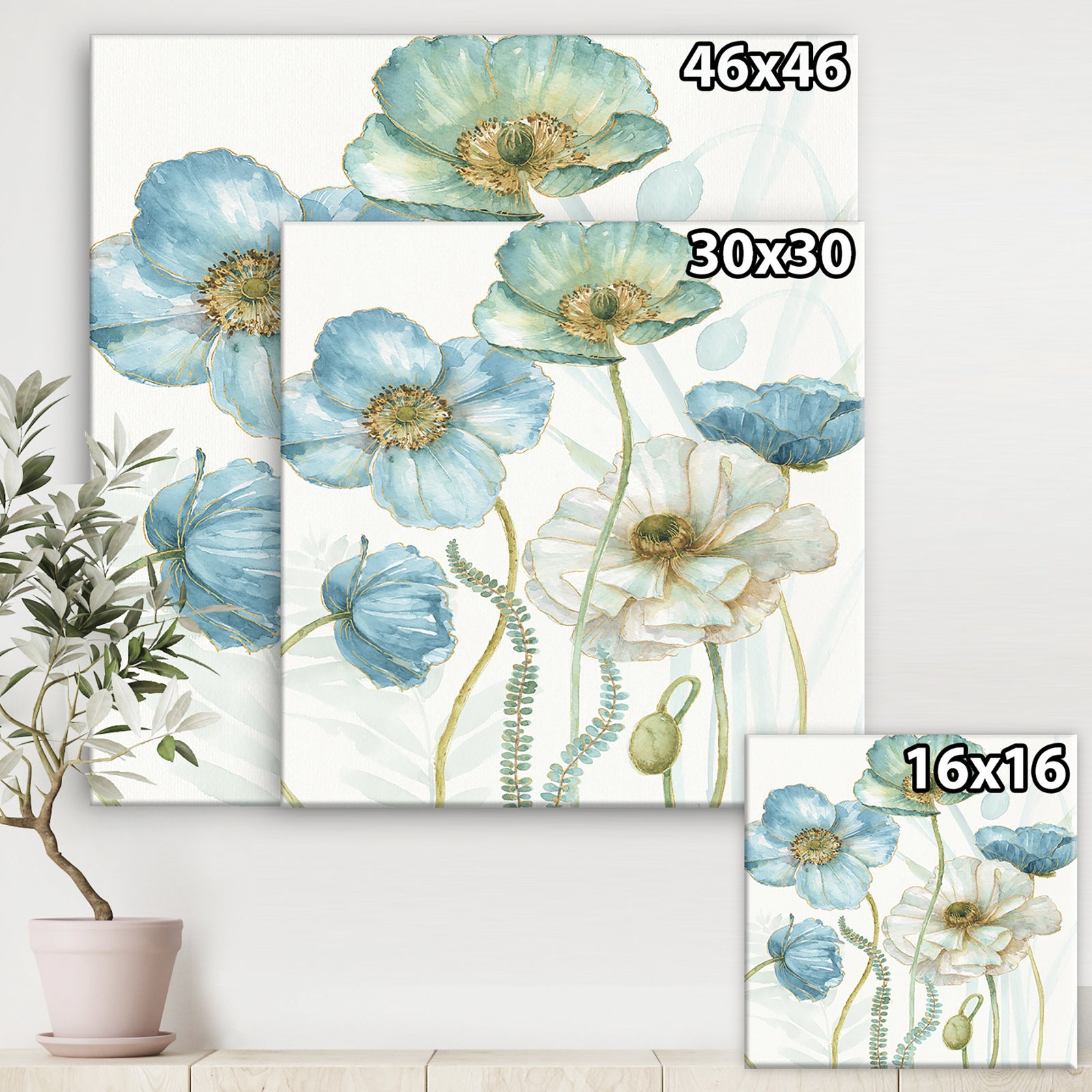 Blue Cottage Flowers Drawing II - Farmhouse Canvas Artwork