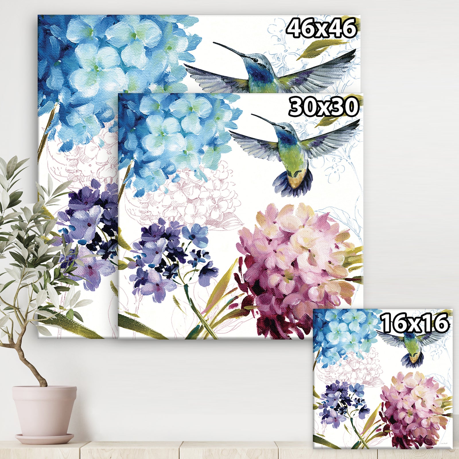 Hummingbird Blue Cottage Flower - Farmhouse Canvas Artwork