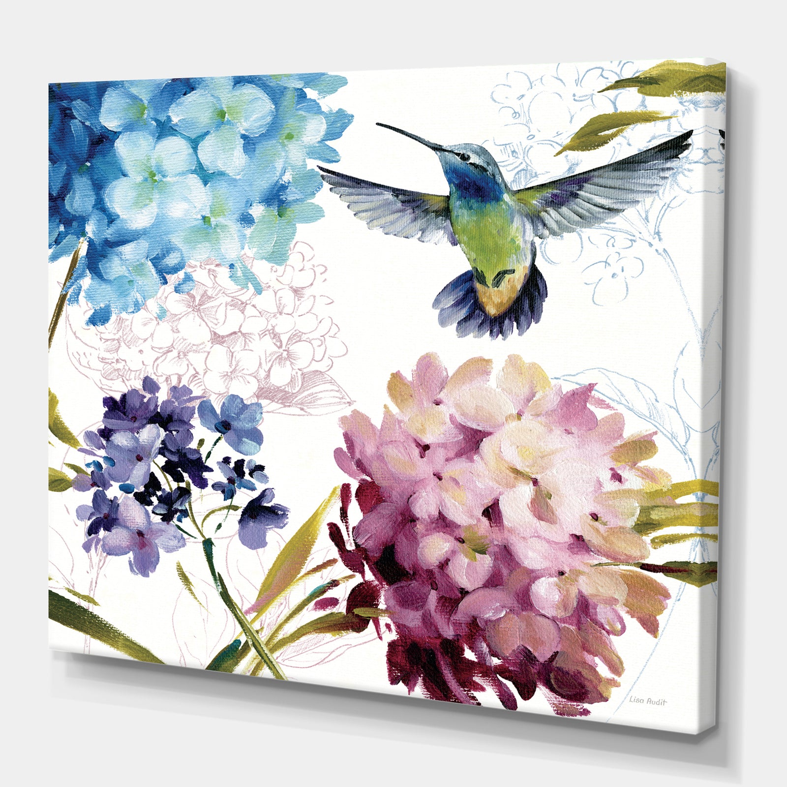 Hummingbird Blue Cottage Flower - Farmhouse Canvas Artwork
