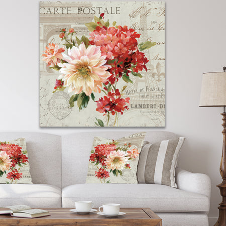 Red Painted Flowers on Vintage Postcard I - Traditional Canvas Art