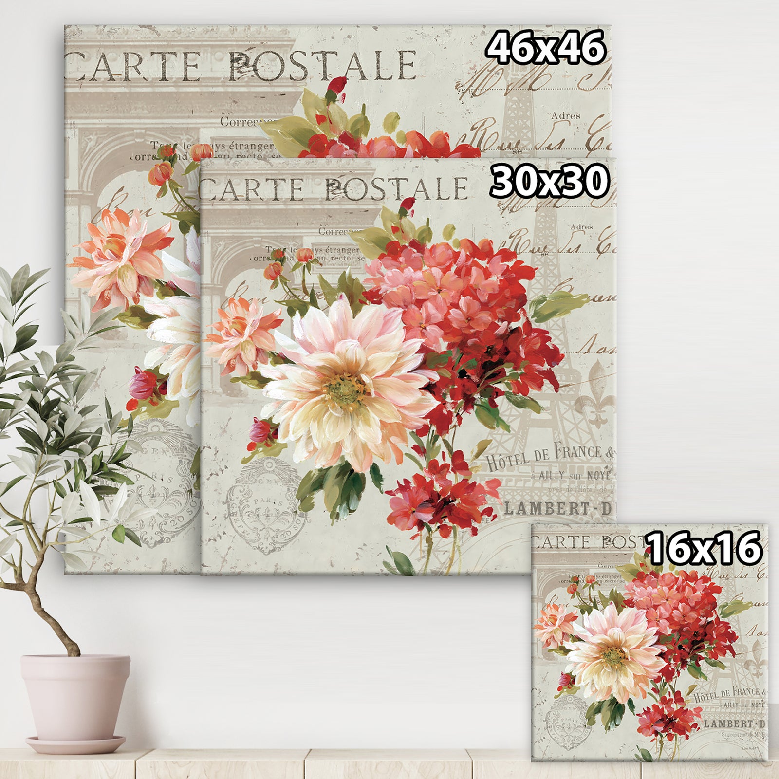 Red Painted Flowers on Vintage Postcard I - Traditional Canvas Art