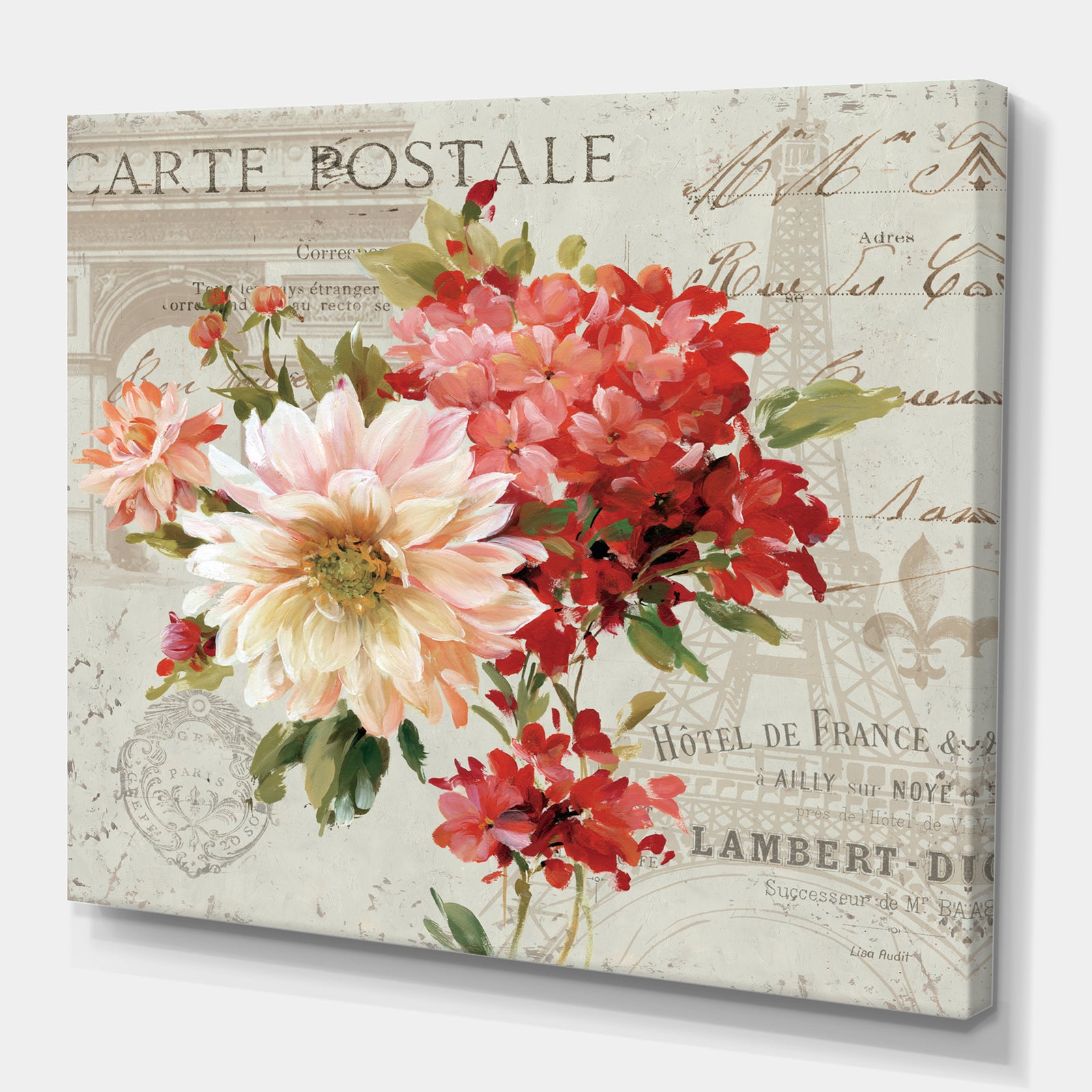 Red Painted Flowers on Vintage Postcard I - Traditional Canvas Art