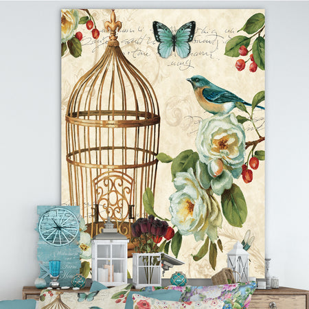 Blue Cottage Bird, Birdcage and Apple Blossoms I - Floral and botanical Canvas Art