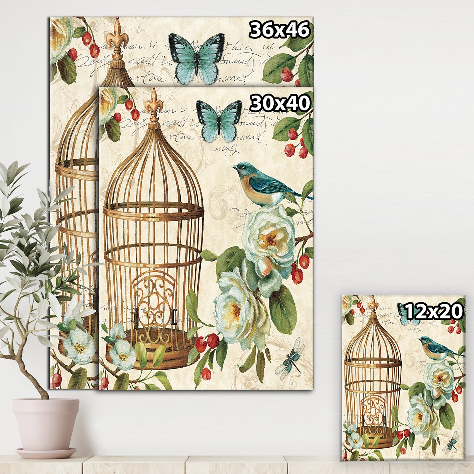 Blue Cottage Bird, Birdcage and Apple Blossoms I - Floral and botanical Canvas Art