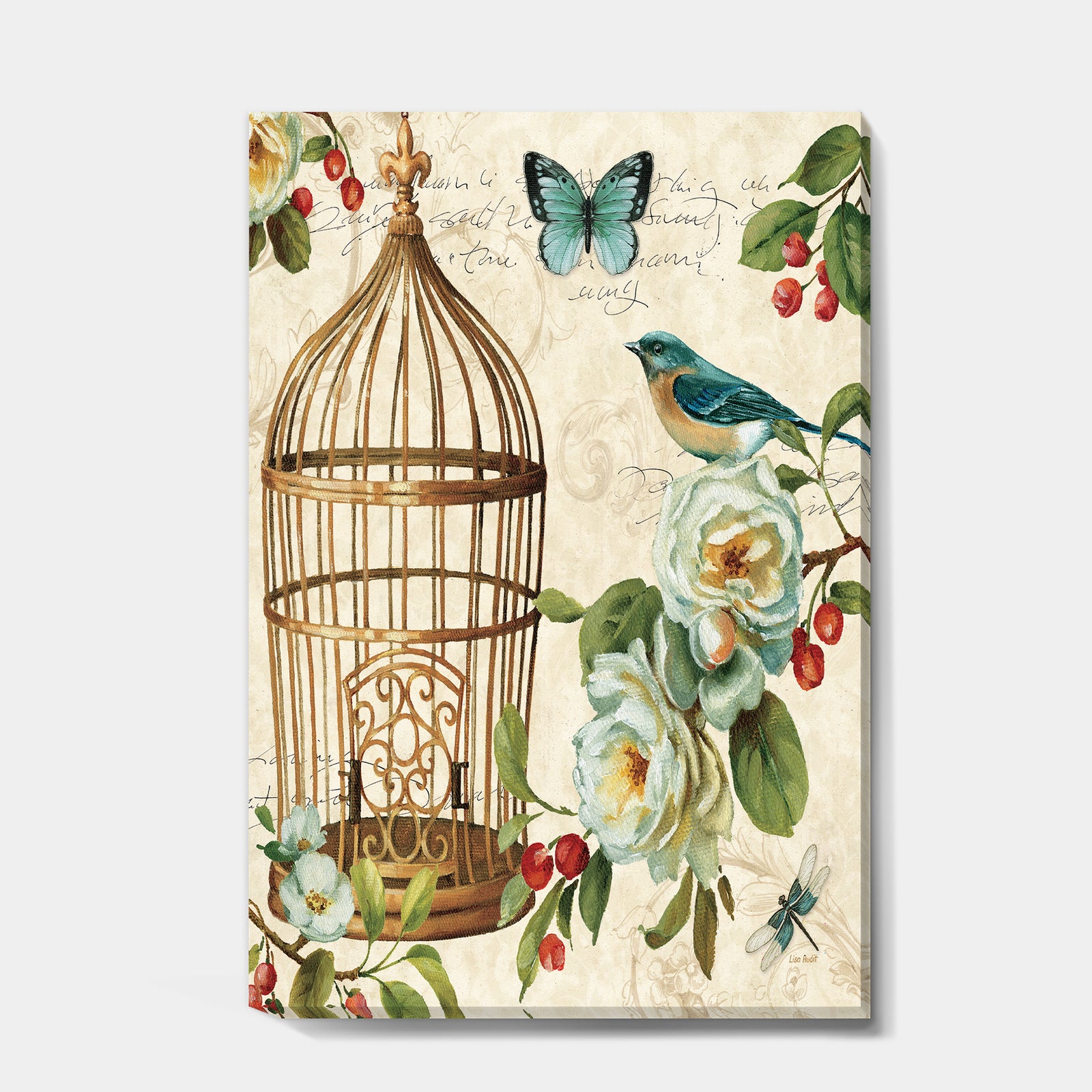 Blue Cottage Bird, Birdcage and Apple Blossoms I - Floral and botanical Canvas Art
