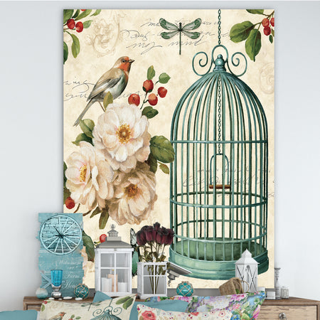 Blue Cottage Bird, Birdcage and Apple Blossoms II - Floral and botanical Premium Canvas Wall Art