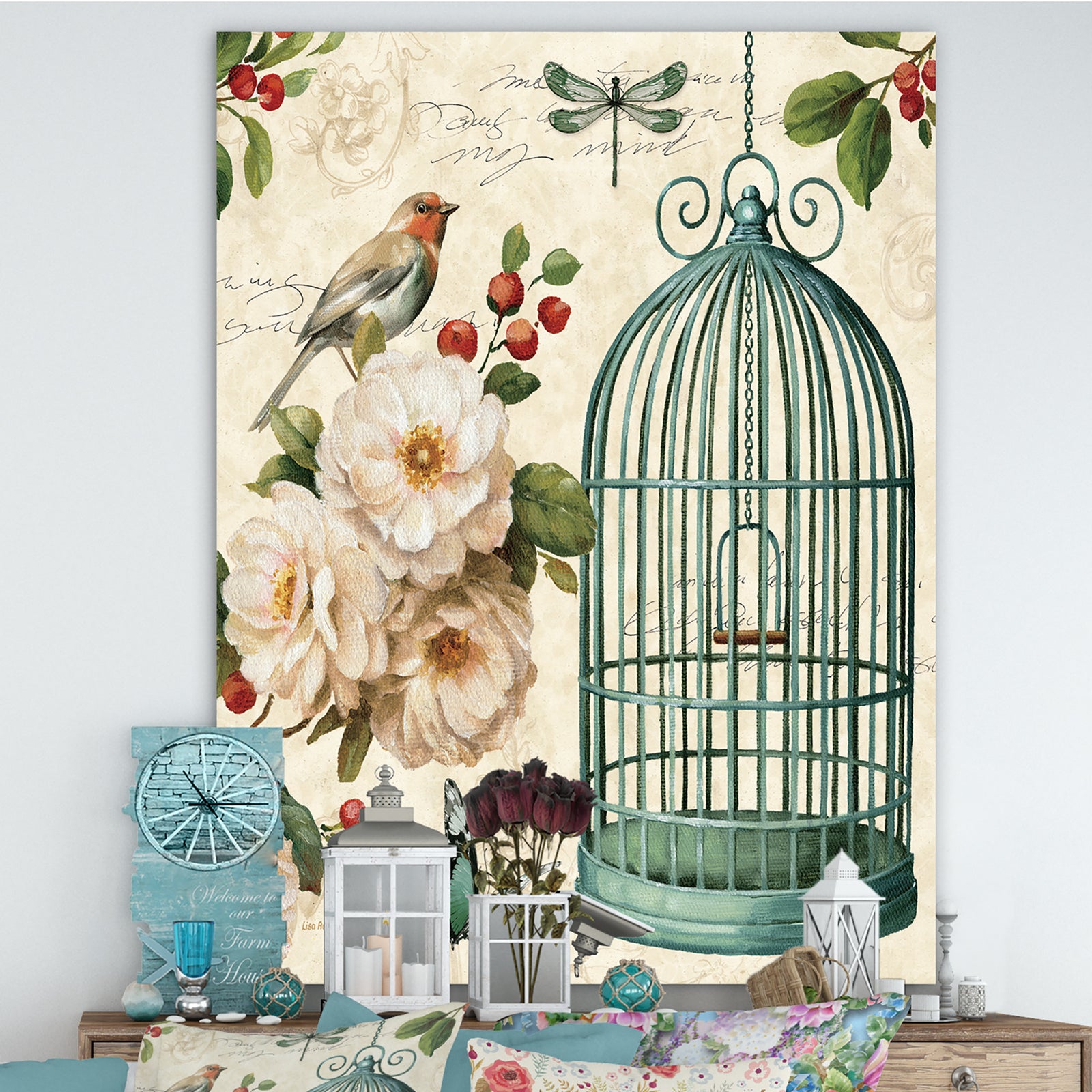 Blue Cottage Bird, Birdcage and Apple Blossoms II - Floral and botanical Premium Canvas Wall Art