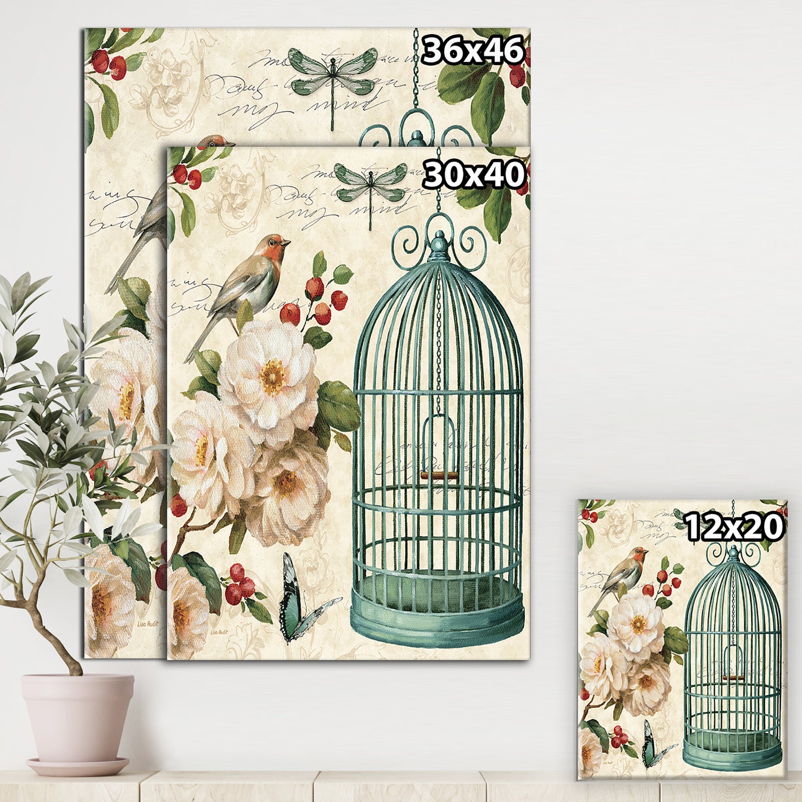 Blue Cottage Bird, Birdcage and Apple Blossoms II - Floral and botanical Premium Canvas Wall Art