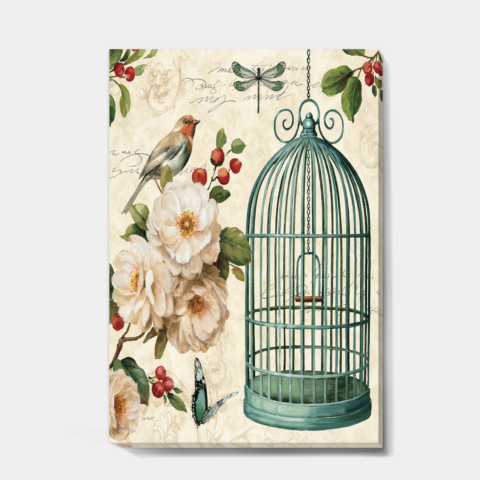 Blue Cottage Bird, Birdcage and Apple Blossoms II - Floral and botanical Premium Canvas Wall Art