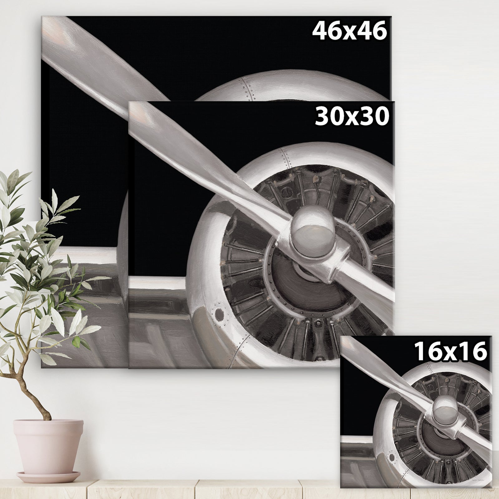 Travel by Air Grey Plane - Vintage Transportation Premium Canvas Wall Art