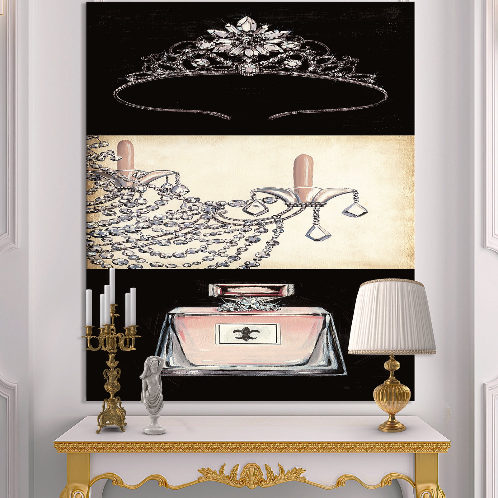 Chandelier, Parfum and Glamorous Tiara - Fashion Canvas Artwork