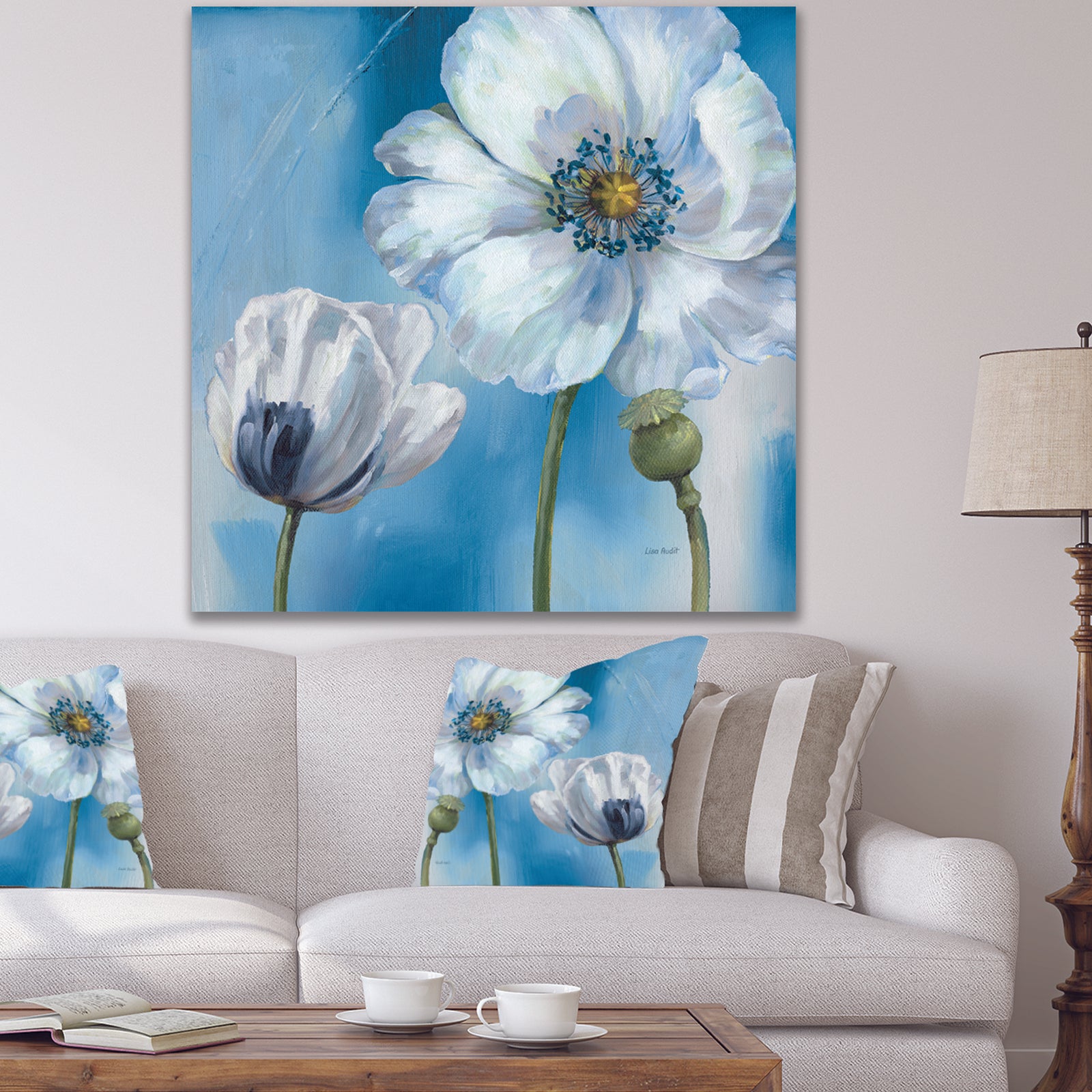 White Flower on Blue I - Farmhouse Premium Canvas Wall Art