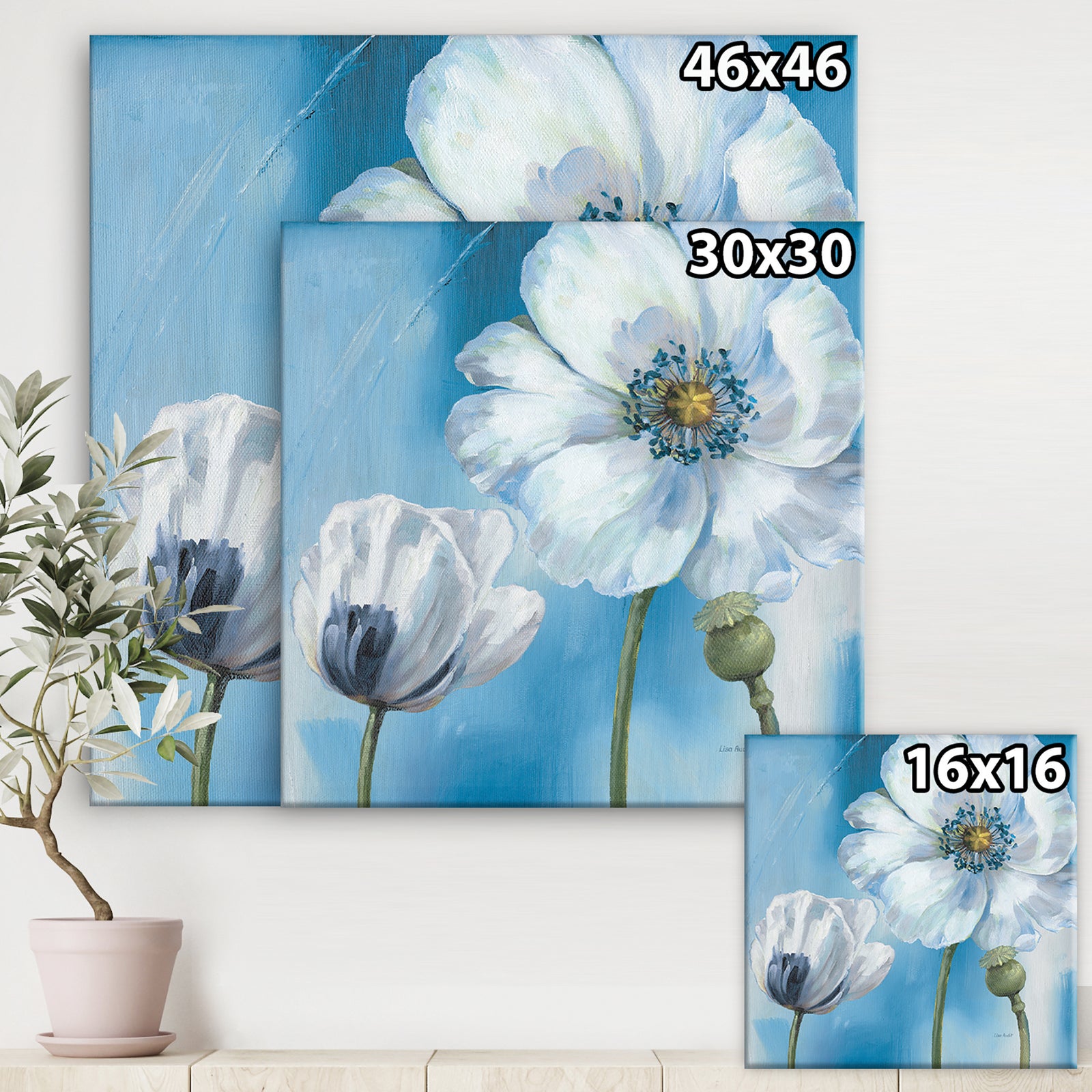 White Flower on Blue I - Farmhouse Premium Canvas Wall Art