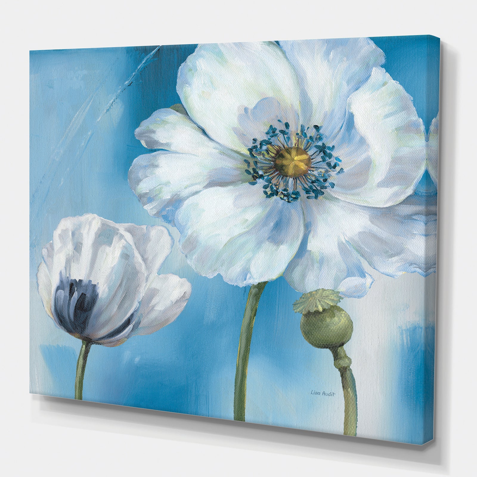 White Flower on Blue I - Farmhouse Premium Canvas Wall Art