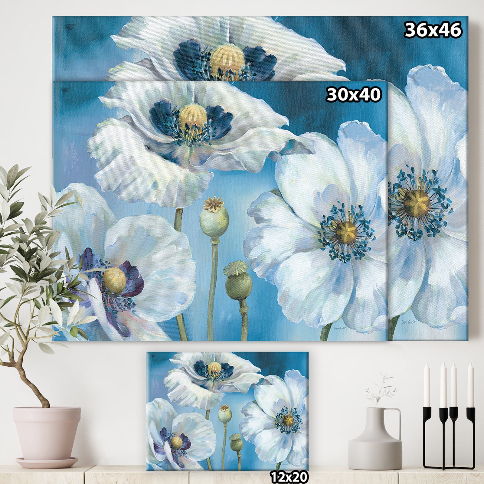 White Flower on Blue II - Farmhouse Premium Canvas Wall Art