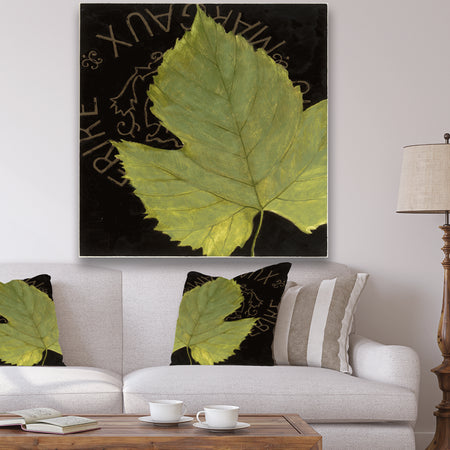 Handpainted Green Leaf On Black - Traditional Canvas Artwork