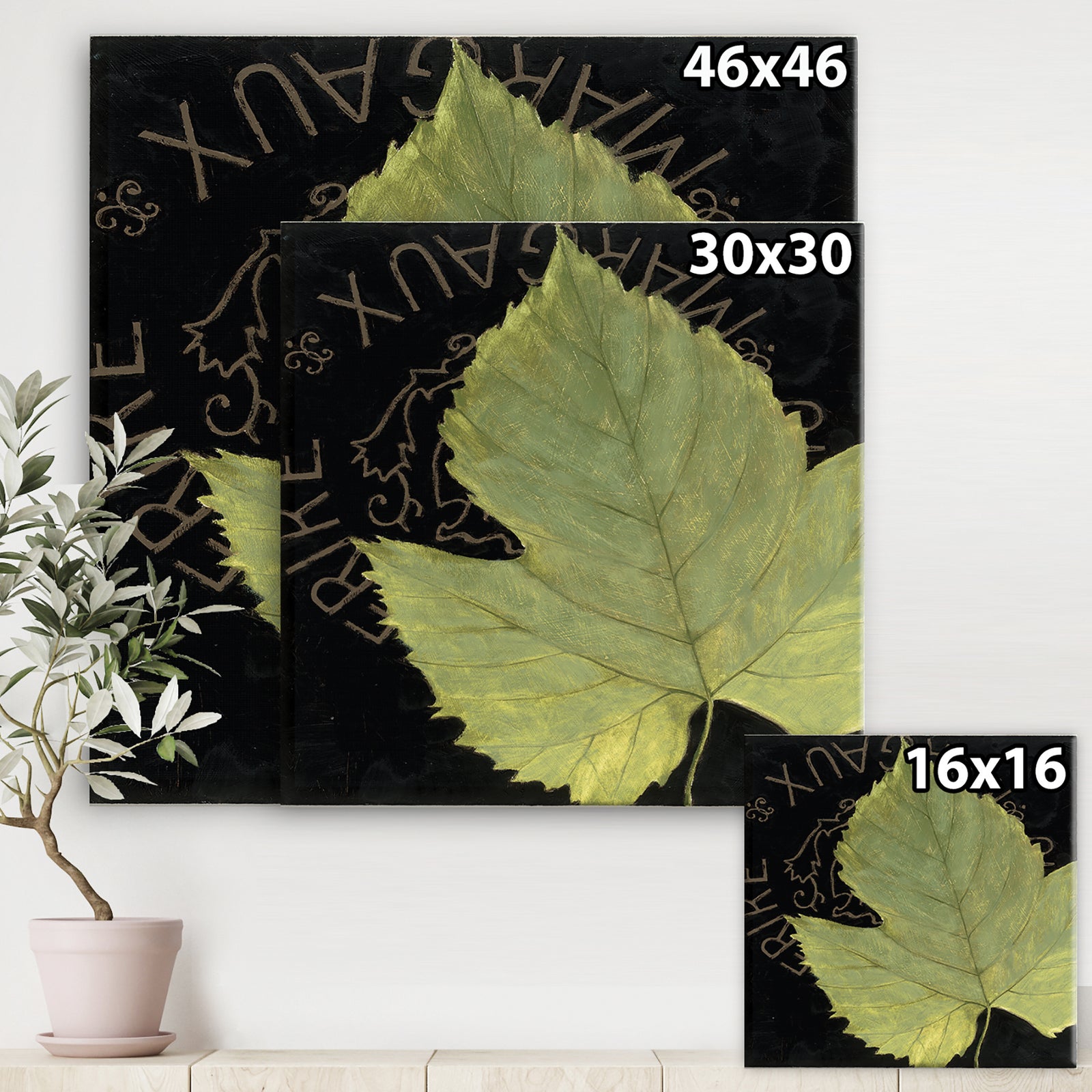 Handpainted Green Leaf On Black - Traditional Canvas Artwork