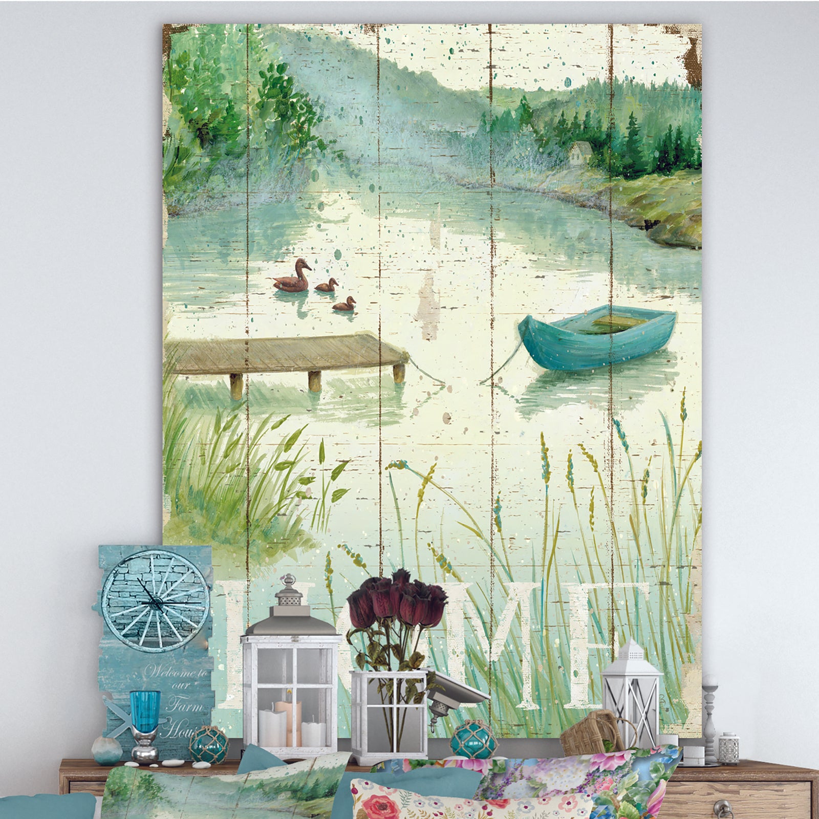 Lakeside Boats Welcome Home - Lake House Premium Canvas Wall Art