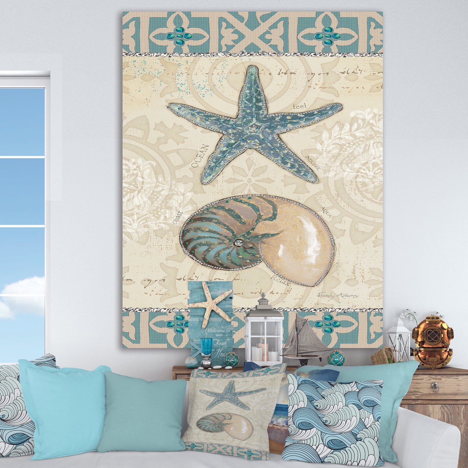 Seastar and Blue Sea Shell I - Nautical & Coastal Canvas Art