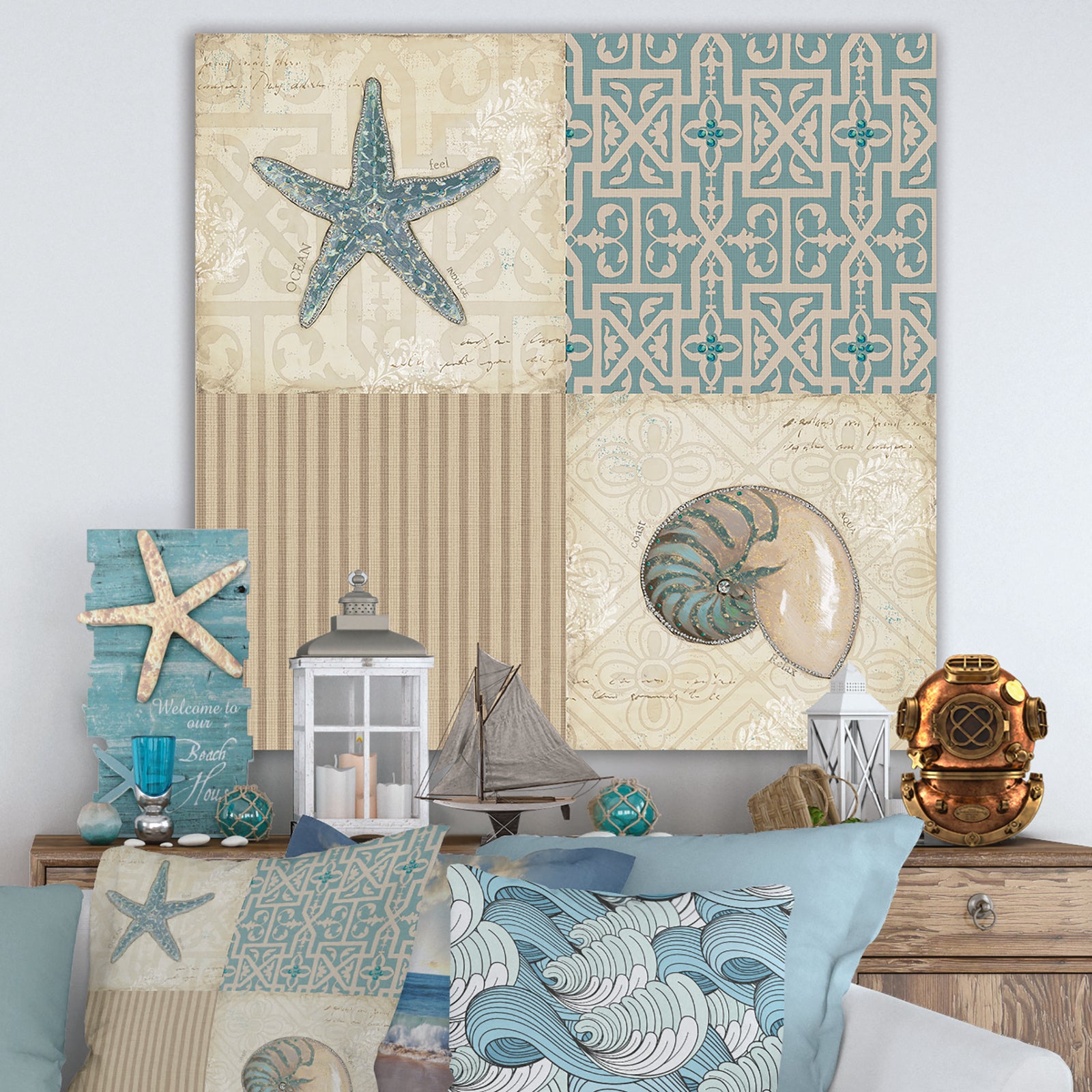Beach Treasures Collage II - Traditional Bathroom Canvas Art