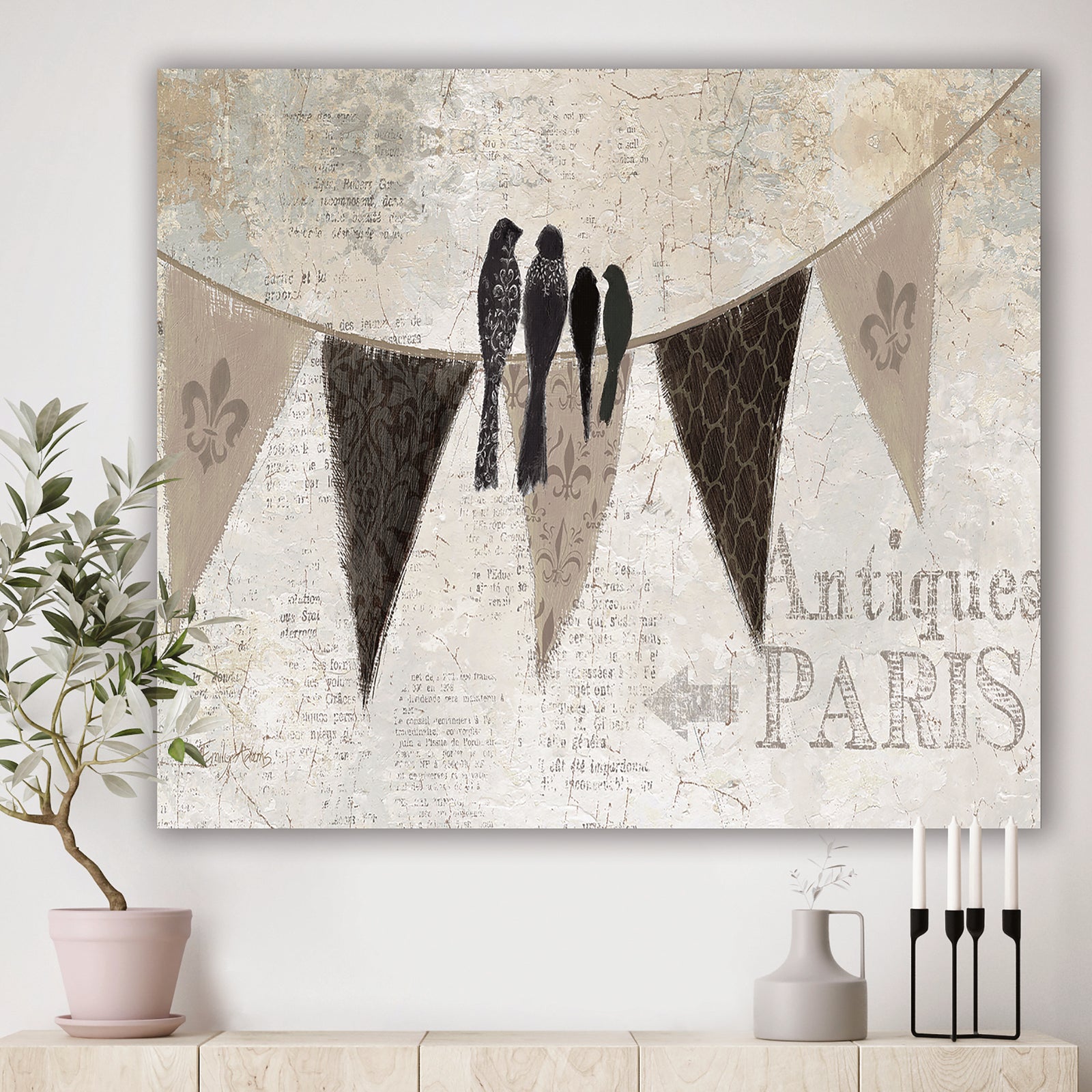 French Bird Flea Market - Farmhouse Premium Canvas Wall Art