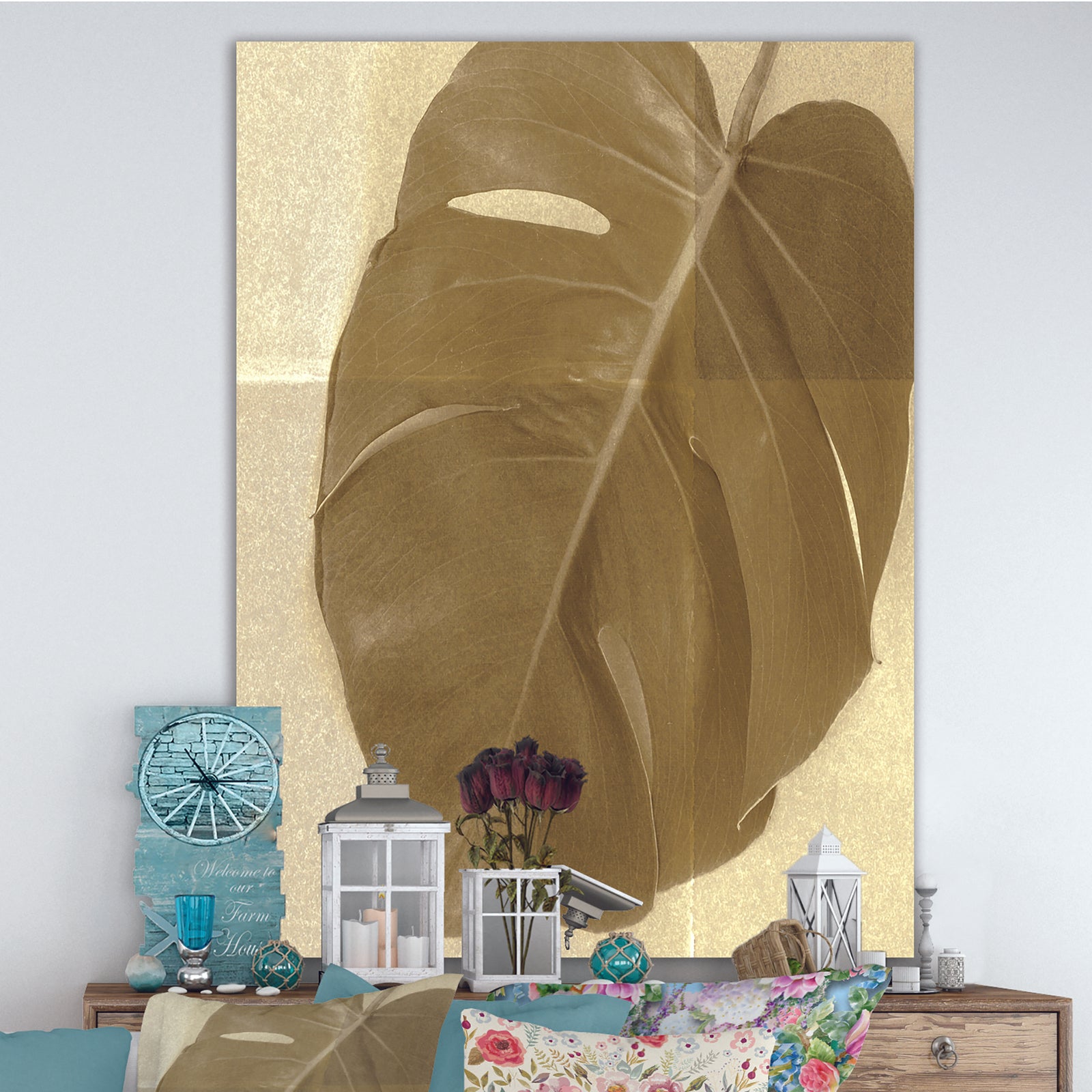 Botanical Beige Retro Leaf - Lake House Gallery-wrapped Canvas